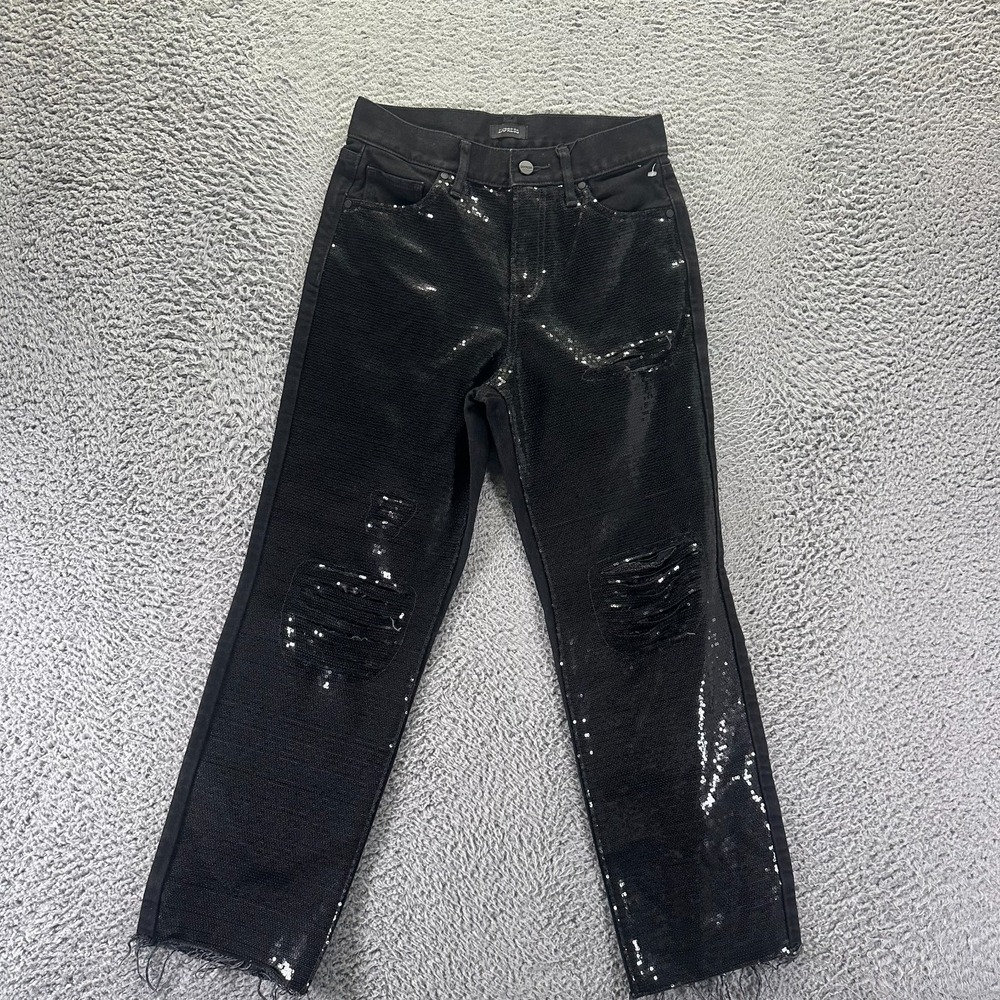 Express Jean Women 0 Black Cotton Denim Straight Ankle Distressed Sequin Raw-Hem